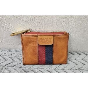 Margot New York Dana Small Zip Wallet Tan Striped Red Blue Leather Change Purse